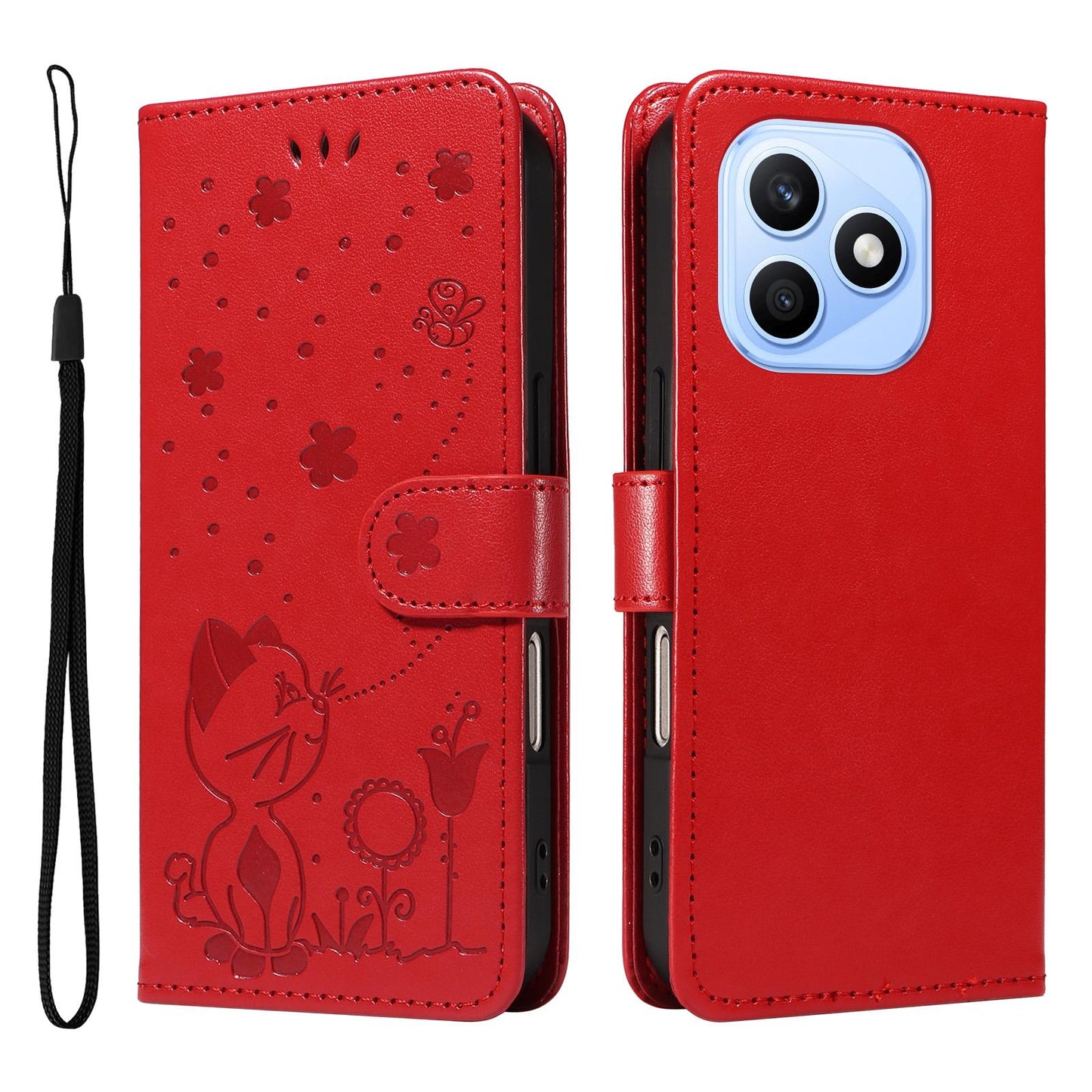 For Honor X8d 4G Cat and Bee Embossed Flip Leather Phone Case Wallet Cover with Card Slots Cash Pocket Magnetic Stand Protective Shockproof TPU PU Leather Case with Wrist Strap
