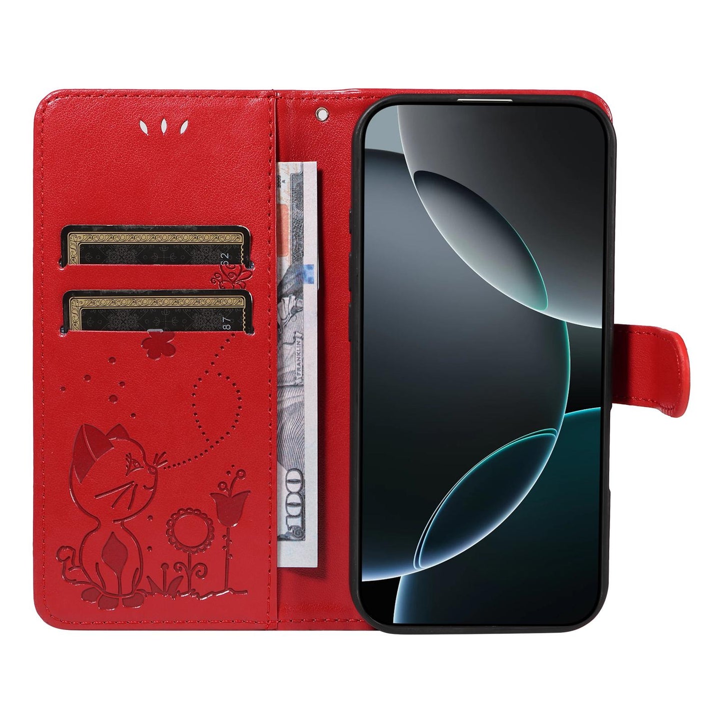 For Honor X8d 4G Cat and Bee Embossed Flip Leather Phone Case Wallet Cover with Card Slots Cash Pocket Magnetic Stand Protective Shockproof TPU PU Leather Case with Wrist Strap