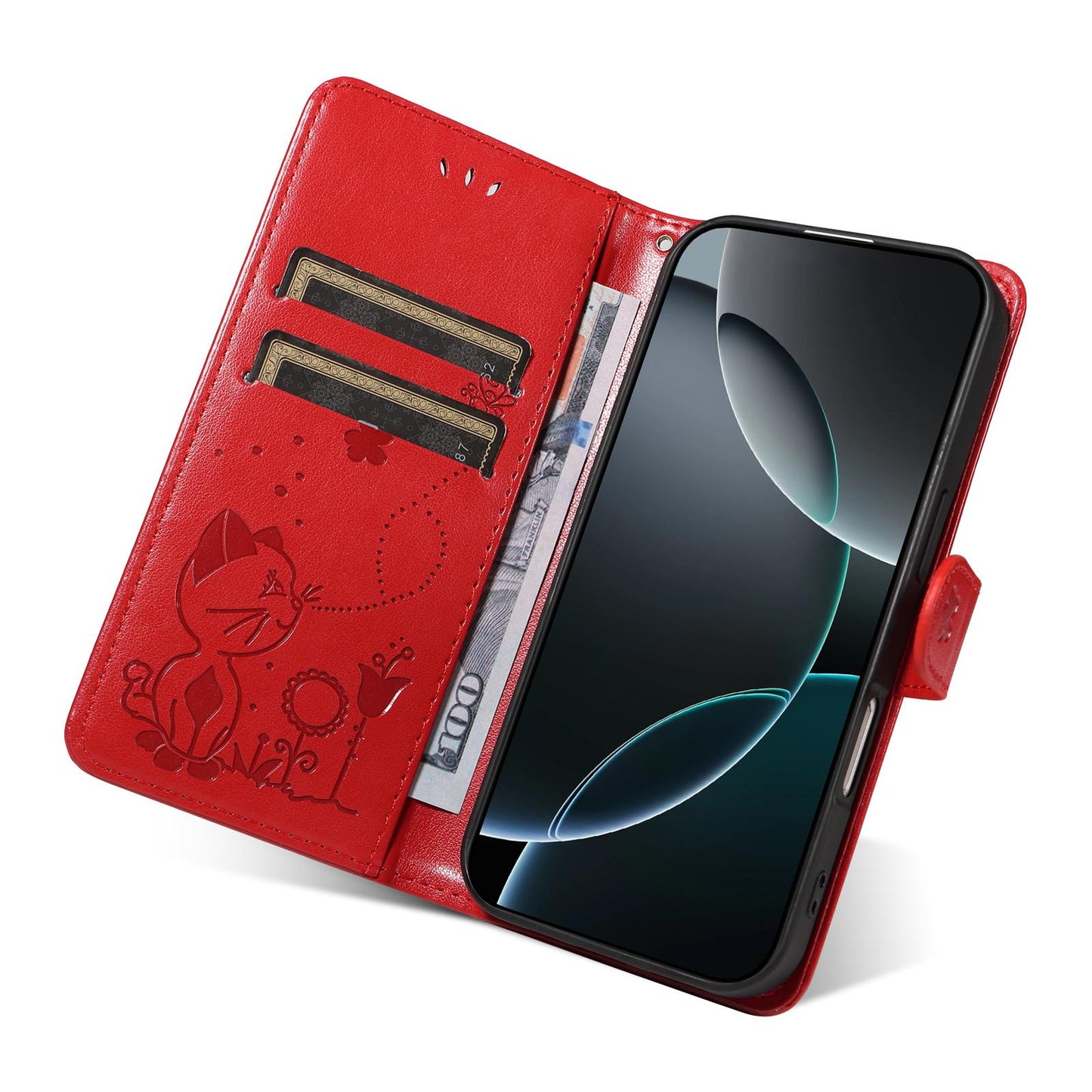 For Honor X8d 4G Cat and Bee Embossed Flip Leather Phone Case Wallet Cover with Card Slots Cash Pocket Magnetic Stand Protective Shockproof TPU PU Leather Case with Wrist Strap