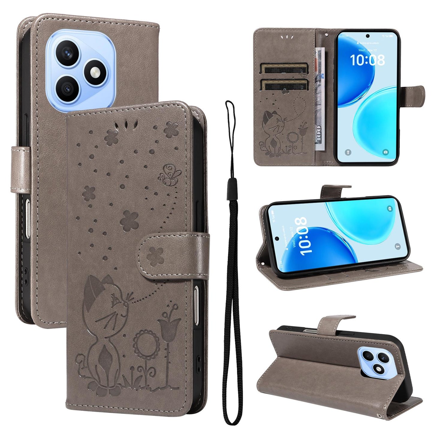 For Honor X8d 4G Cat and Bee Embossed Flip Leather Phone Case Wallet Cover with Card Slots Cash Pocket Magnetic Stand Protective Shockproof TPU PU Leather Case with Wrist Strap