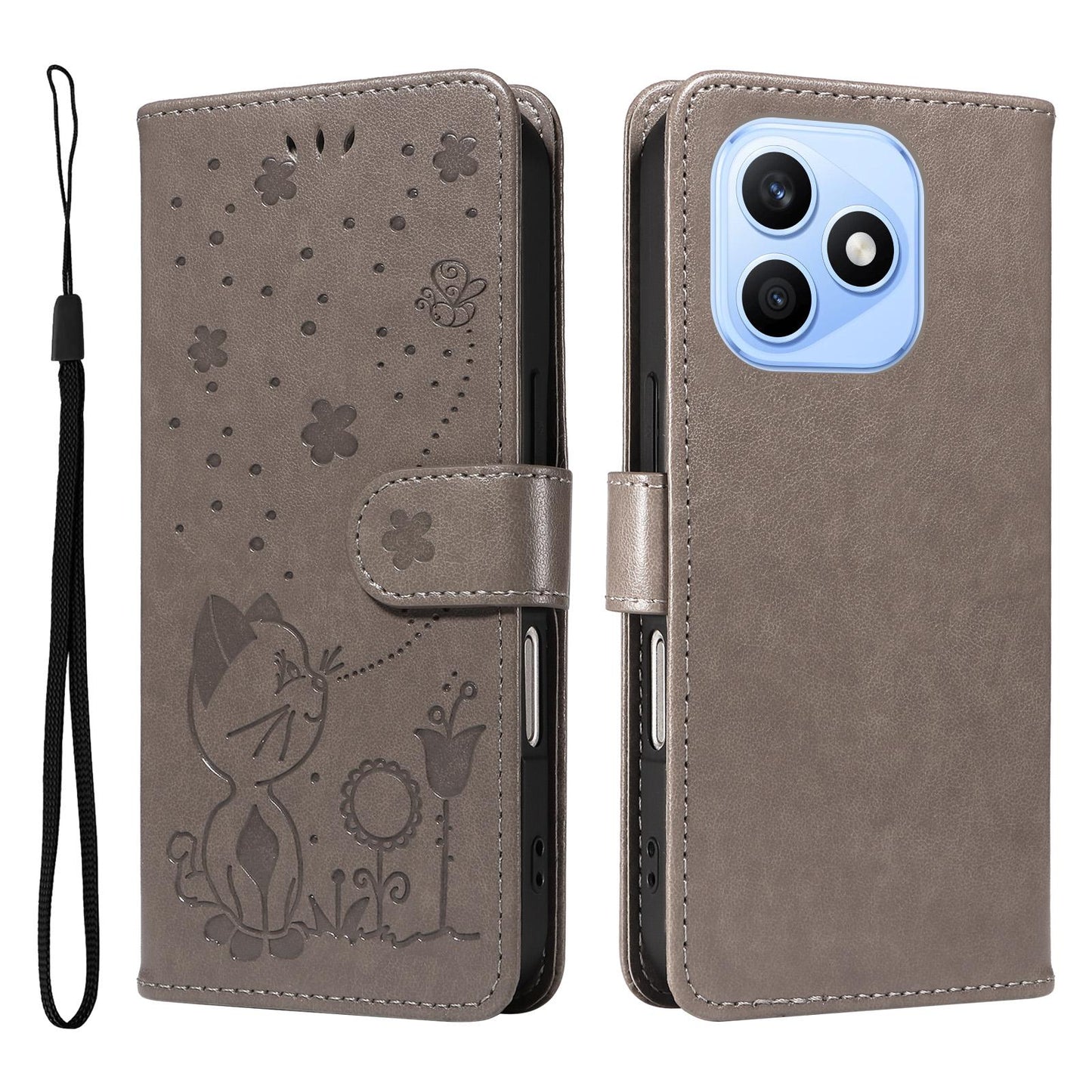 For Honor X8d 4G Cat and Bee Embossed Flip Leather Phone Case Wallet Cover with Card Slots Cash Pocket Magnetic Stand Protective Shockproof TPU PU Leather Case with Wrist Strap