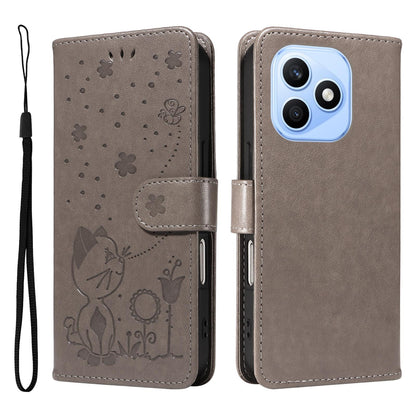 For Honor X8d 4G Cat and Bee Embossed Flip Leather Phone Case Wallet Cover with Card Slots Cash Pocket Magnetic Stand Protective Shockproof TPU PU Leather Case with Wrist Strap