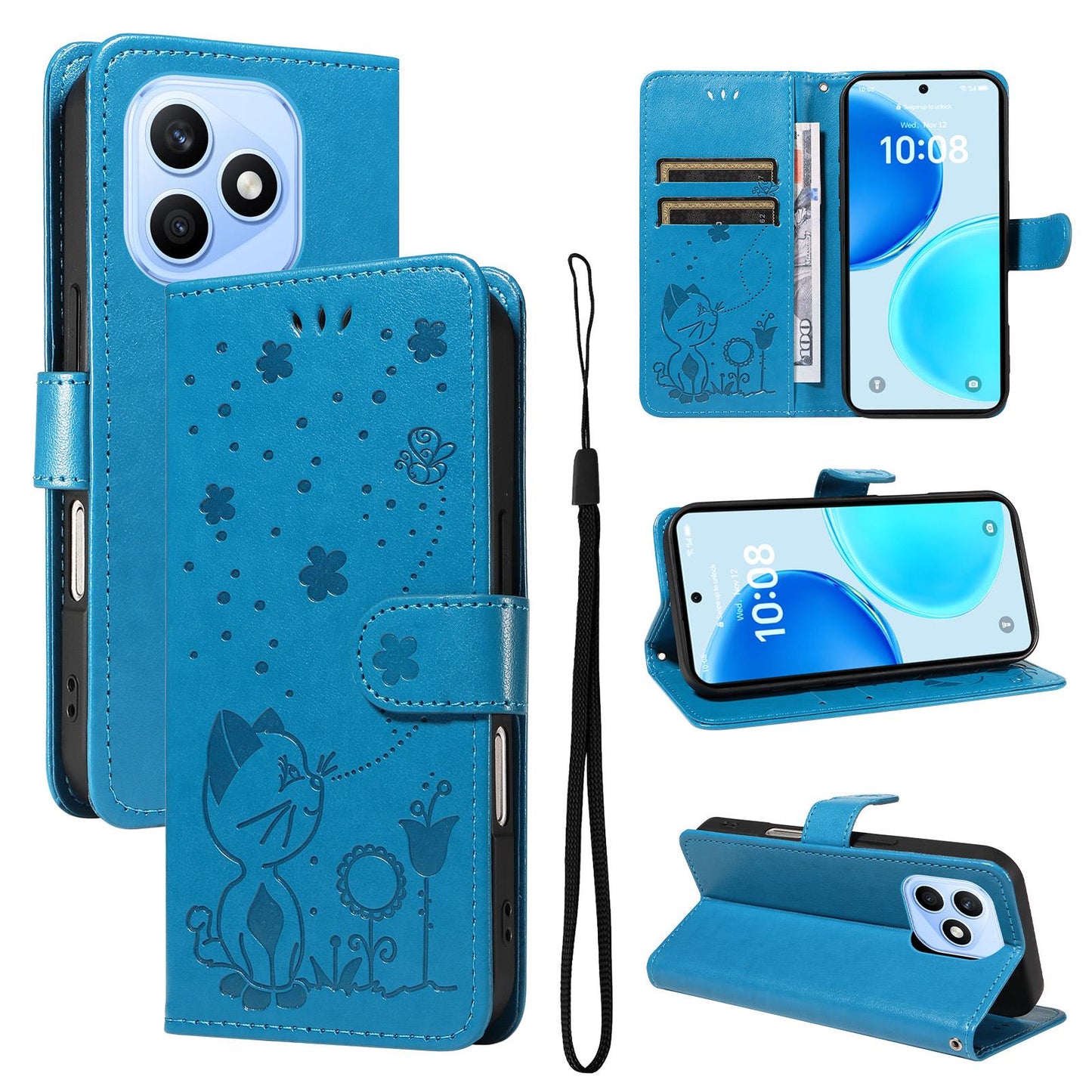 For Honor X8d 4G Cat and Bee Embossed Flip Leather Phone Case Wallet Cover with Card Slots Cash Pocket Magnetic Stand Protective Shockproof TPU PU Leather Case with Wrist Strap