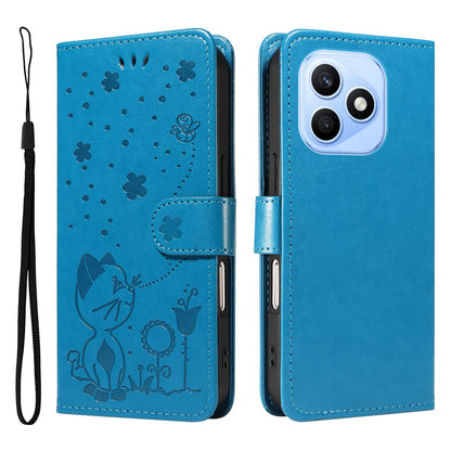 For Honor X8d 4G Cat and Bee Embossed Flip Leather Phone Case Wallet Cover with Card Slots Cash Pocket Magnetic Stand Protective Shockproof TPU PU Leather Case with Wrist Strap