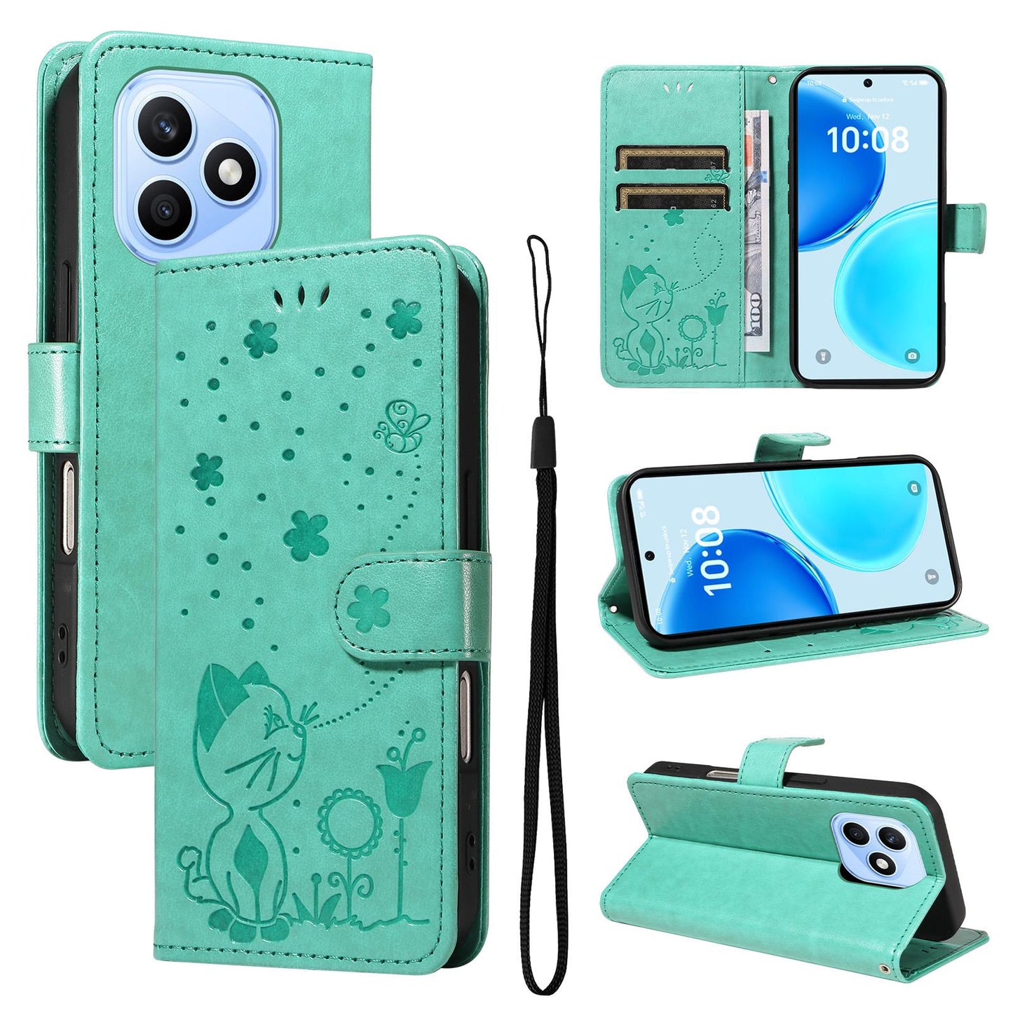 For Honor X8d 4G Cat and Bee Embossed Flip Leather Phone Case Wallet Cover with Card Slots Cash Pocket Magnetic Stand Protective Shockproof TPU PU Leather Case with Wrist Strap