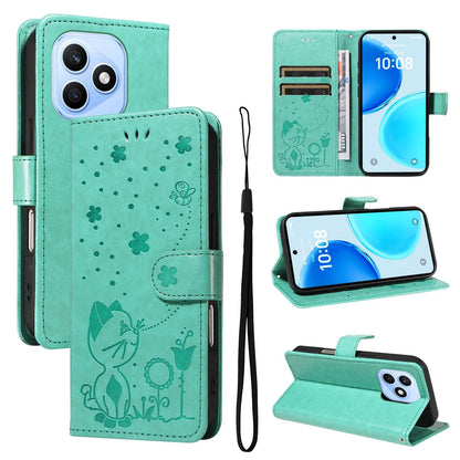 For Honor X8d 4G Cat and Bee Embossed Flip Leather Phone Case Wallet Cover with Card Slots Cash Pocket Magnetic Stand Protective Shockproof TPU PU Leather Case with Wrist Strap