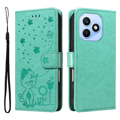 For Honor X8d 4G Cat and Bee Embossed Flip Leather Phone Case Wallet Cover with Card Slots Cash Pocket Magnetic Stand Protective Shockproof TPU PU Leather Case with Wrist Strap