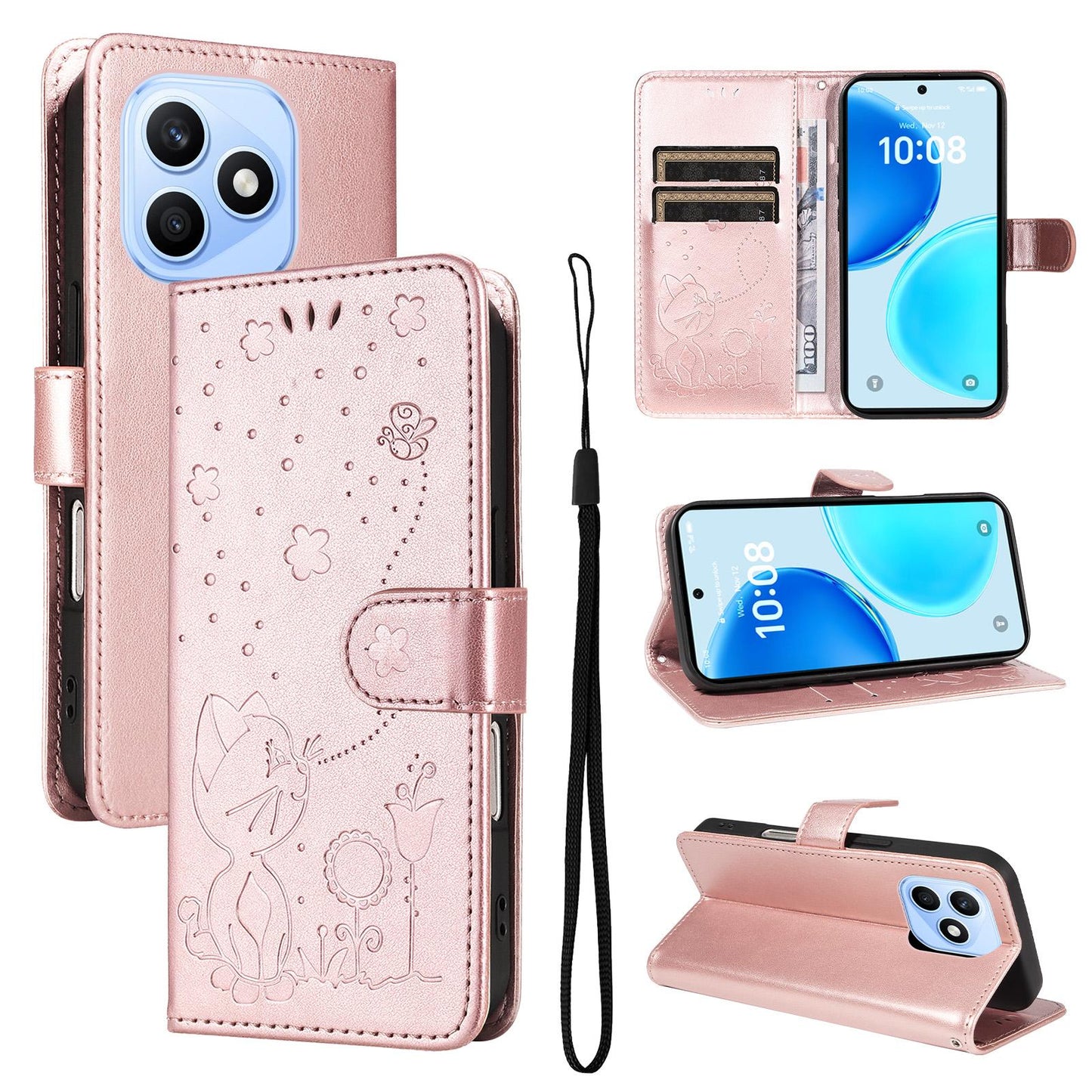 For Honor X8d 4G Cat and Bee Embossed Flip Leather Phone Case Wallet Cover with Card Slots Cash Pocket Magnetic Stand Protective Shockproof TPU PU Leather Case with Wrist Strap