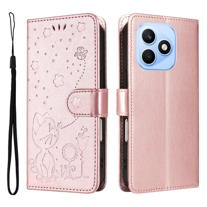 For Honor X8d 4G Cat and Bee Embossed Flip Leather Phone Case Wallet Cover with Card Slots Cash Pocket Magnetic Stand Protective Shockproof TPU PU Leather Case with Wrist Strap