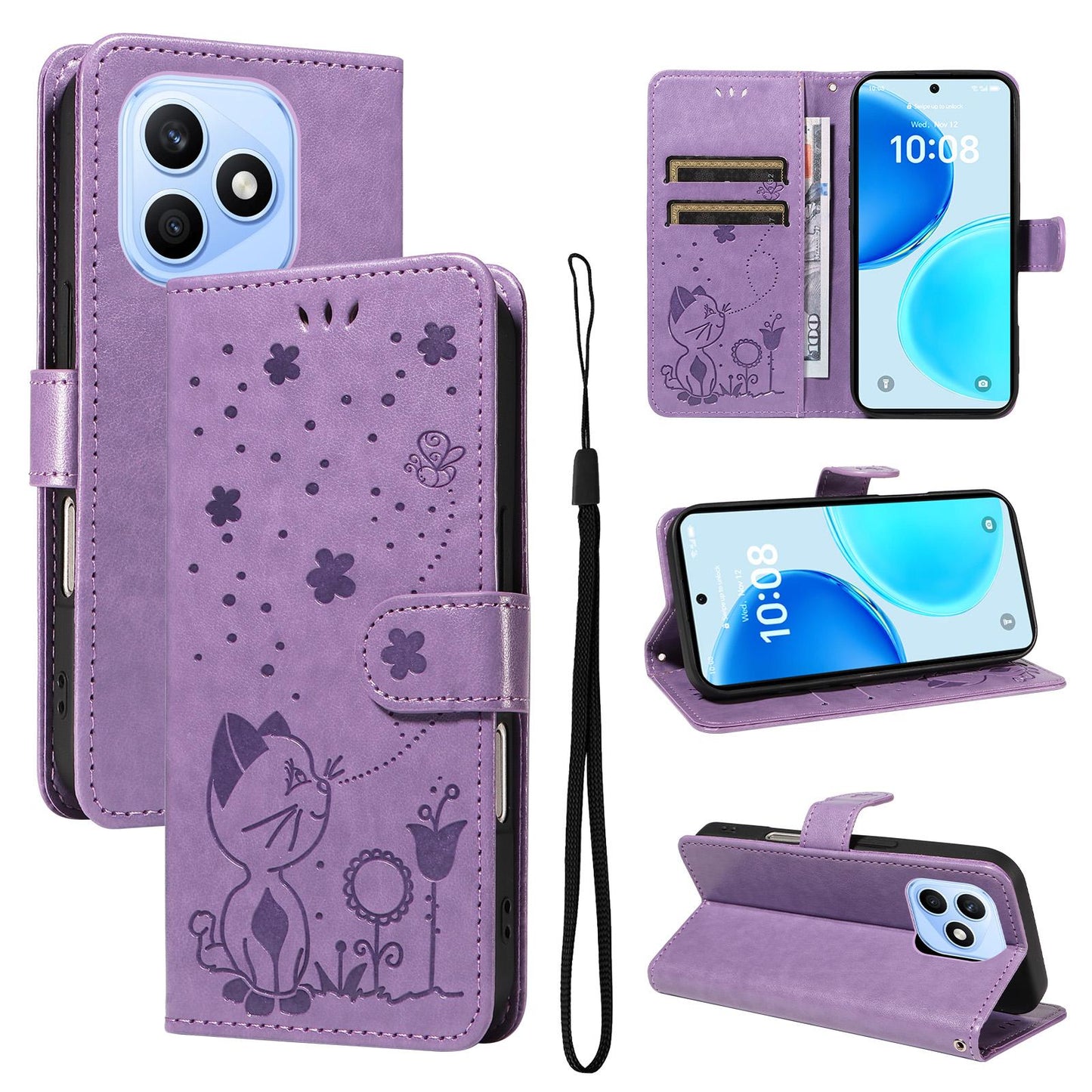 For Honor X8d 4G Cat and Bee Embossed Flip Leather Phone Case Wallet Cover with Card Slots Cash Pocket Magnetic Stand Protective Shockproof TPU PU Leather Case with Wrist Strap