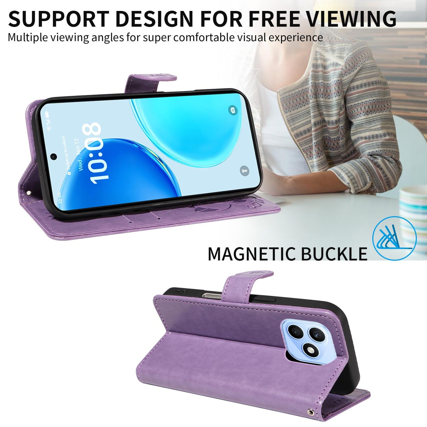 For Honor X8d 4G Cat and Bee Embossed Flip Leather Phone Case Wallet Cover with Card Slots Cash Pocket Magnetic Stand Protective Shockproof TPU PU Leather Case with Wrist Strap