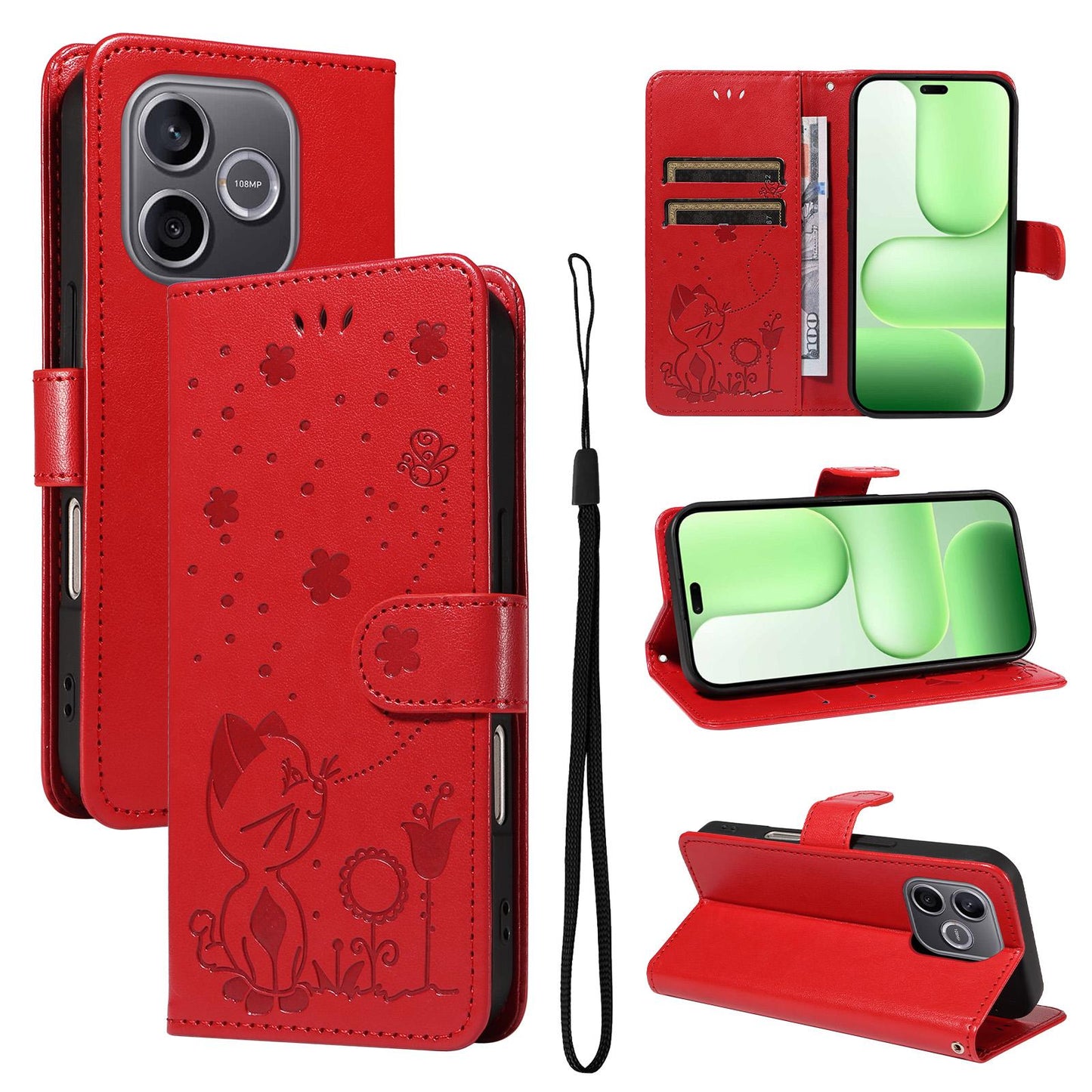 For Honor 600 Lite Cat and Bee Embossed Flip Leather Phone Case Wallet Cover with Card Slots Cash Pocket Magnetic Stand Protective Shockproof TPU PU Leather Case with Wrist Strap