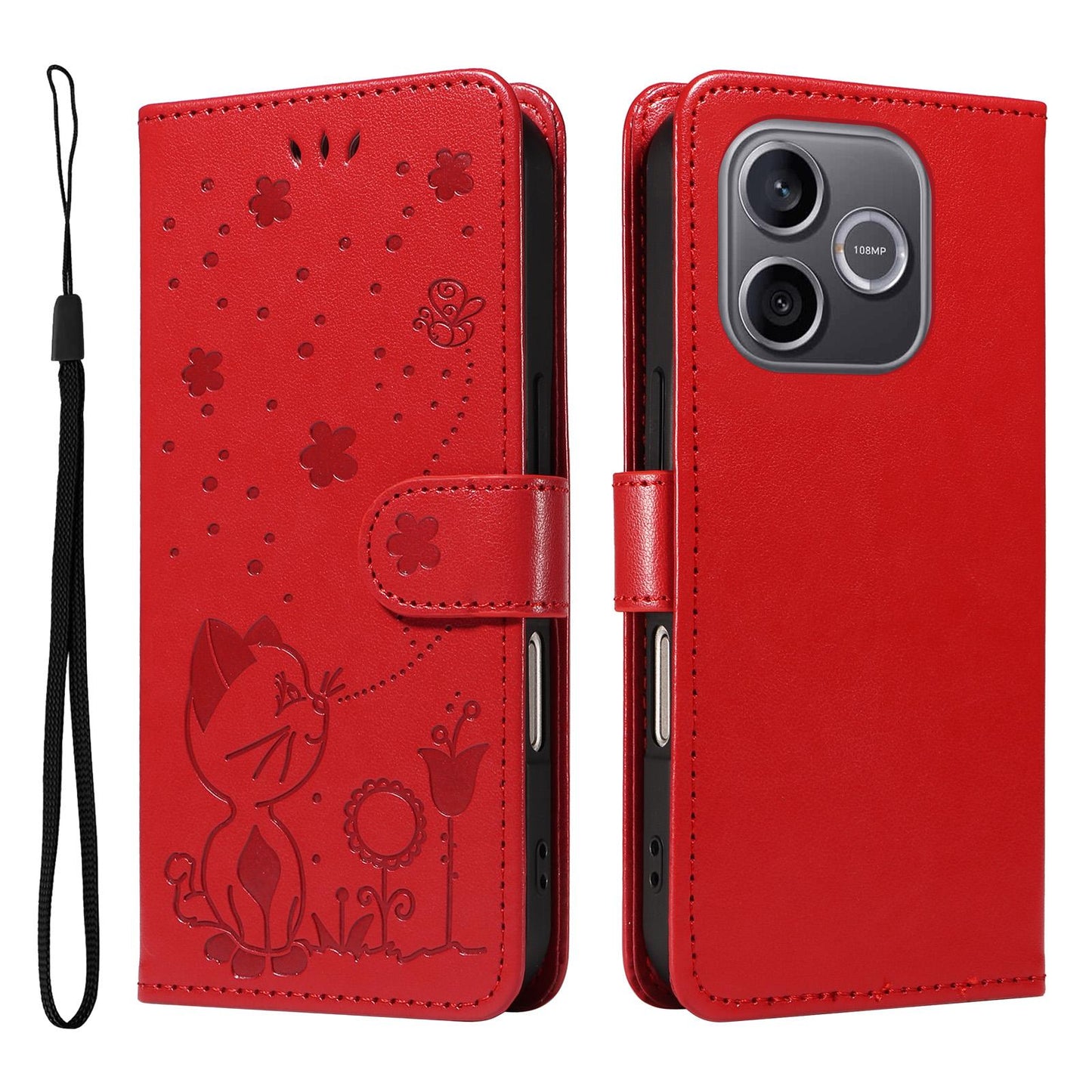 For Honor 600 Lite Cat and Bee Embossed Flip Leather Phone Case Wallet Cover with Card Slots Cash Pocket Magnetic Stand Protective Shockproof TPU PU Leather Case with Wrist Strap