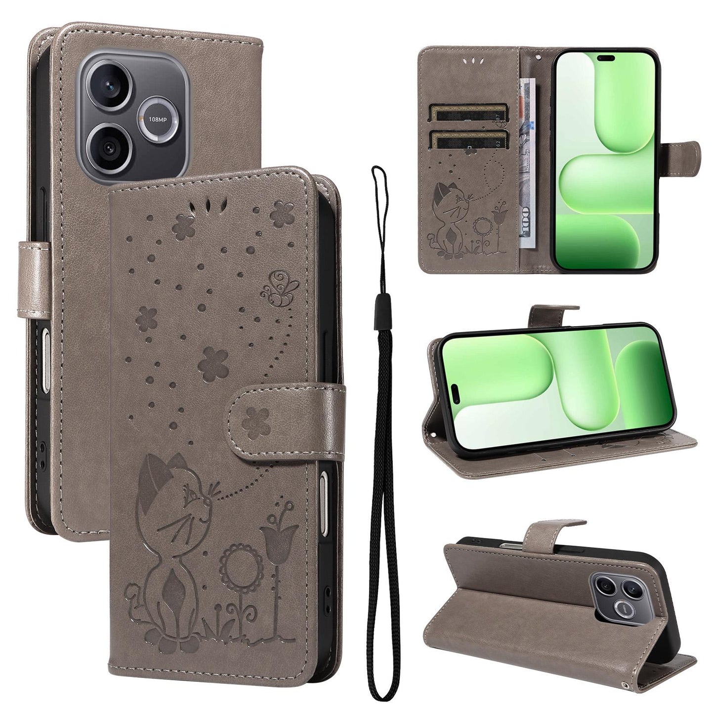 For Honor 600 Lite Cat and Bee Embossed Flip Leather Phone Case Wallet Cover with Card Slots Cash Pocket Magnetic Stand Protective Shockproof TPU PU Leather Case with Wrist Strap