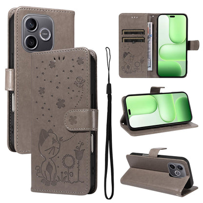 For Honor 600 Lite Cat and Bee Embossed Flip Leather Phone Case Wallet Cover with Card Slots Cash Pocket Magnetic Stand Protective Shockproof TPU PU Leather Case with Wrist Strap