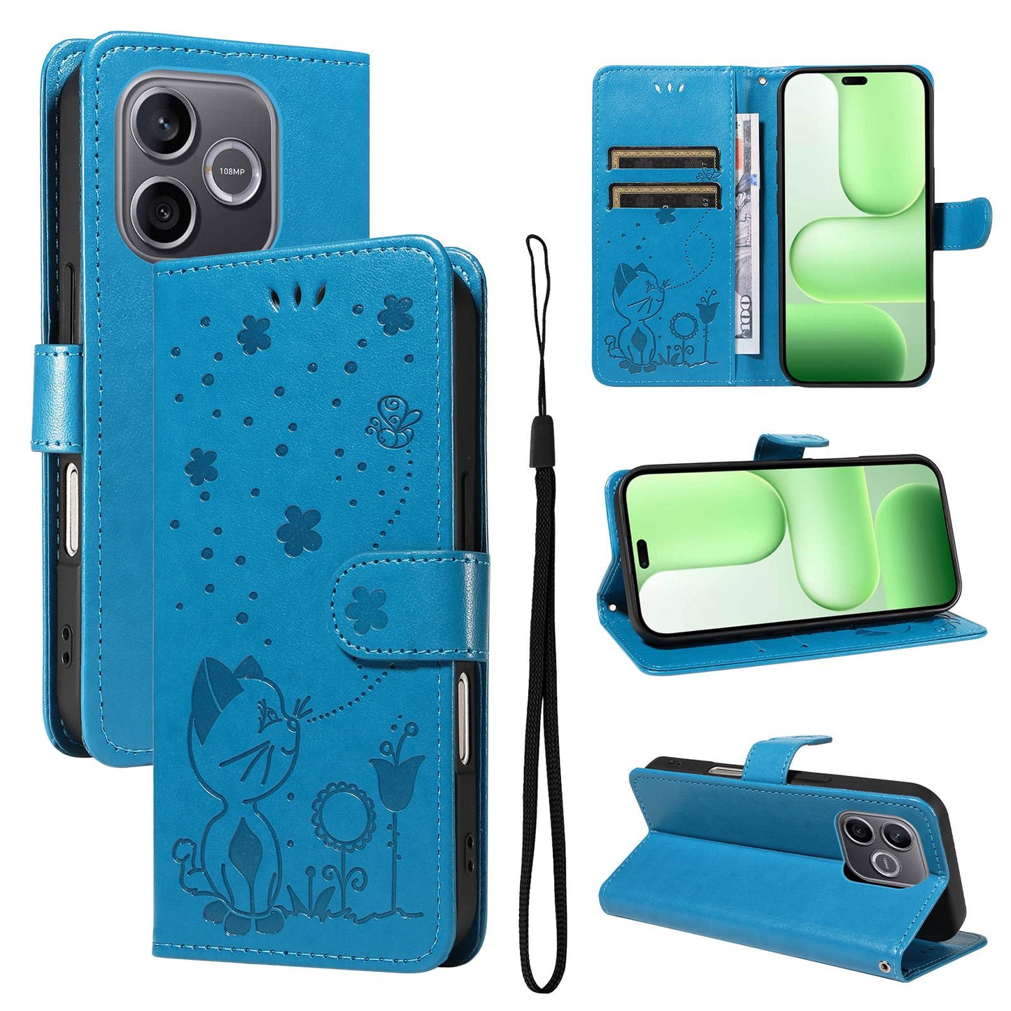 For Honor 600 Lite Cat and Bee Embossed Flip Leather Phone Case Wallet Cover with Card Slots Cash Pocket Magnetic Stand Protective Shockproof TPU PU Leather Case with Wrist Strap