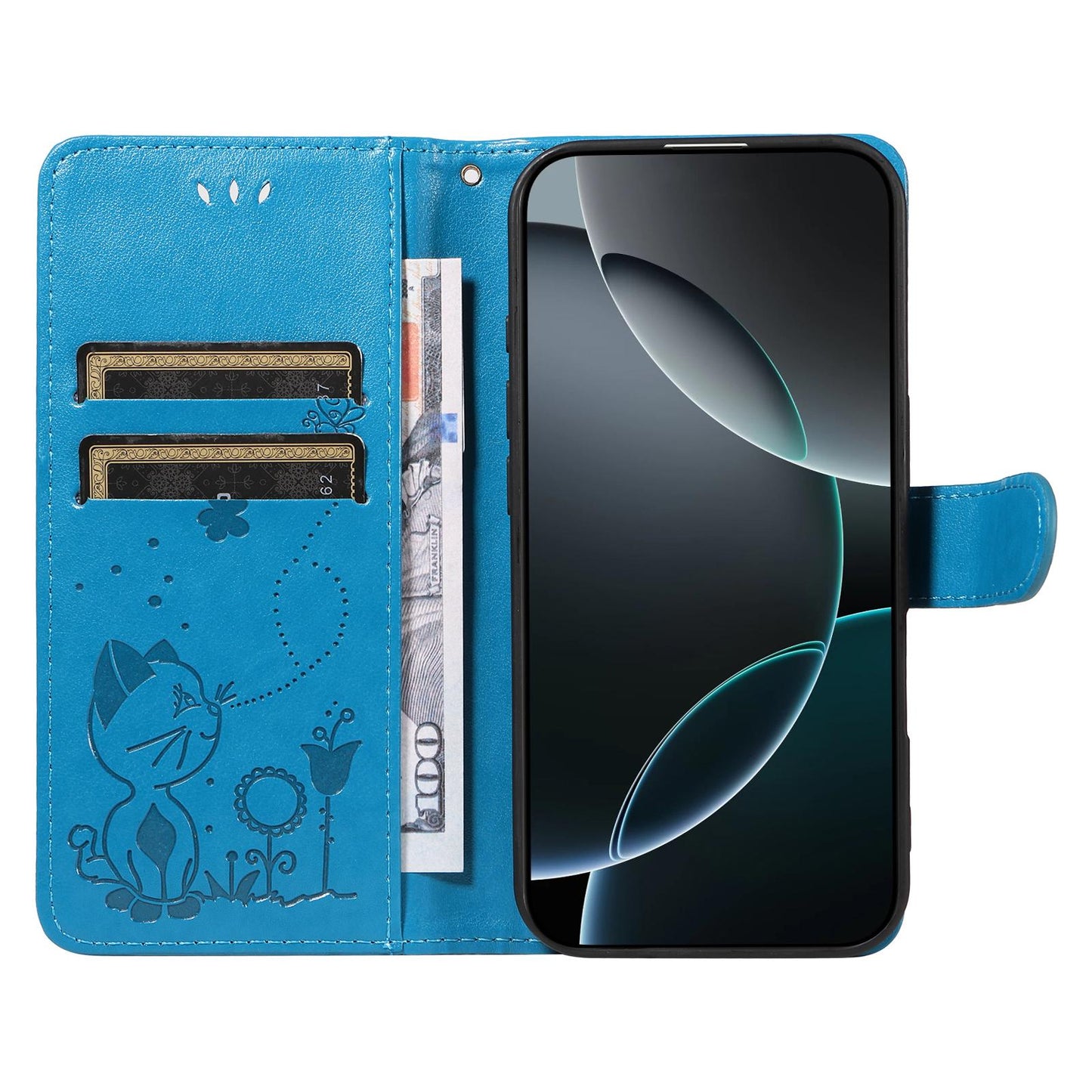 For Honor 600 Lite Cat and Bee Embossed Flip Leather Phone Case Wallet Cover with Card Slots Cash Pocket Magnetic Stand Protective Shockproof TPU PU Leather Case with Wrist Strap