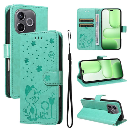 For Honor 600 Lite Cat and Bee Embossed Flip Leather Phone Case Wallet Cover with Card Slots Cash Pocket Magnetic Stand Protective Shockproof TPU PU Leather Case with Wrist Strap
