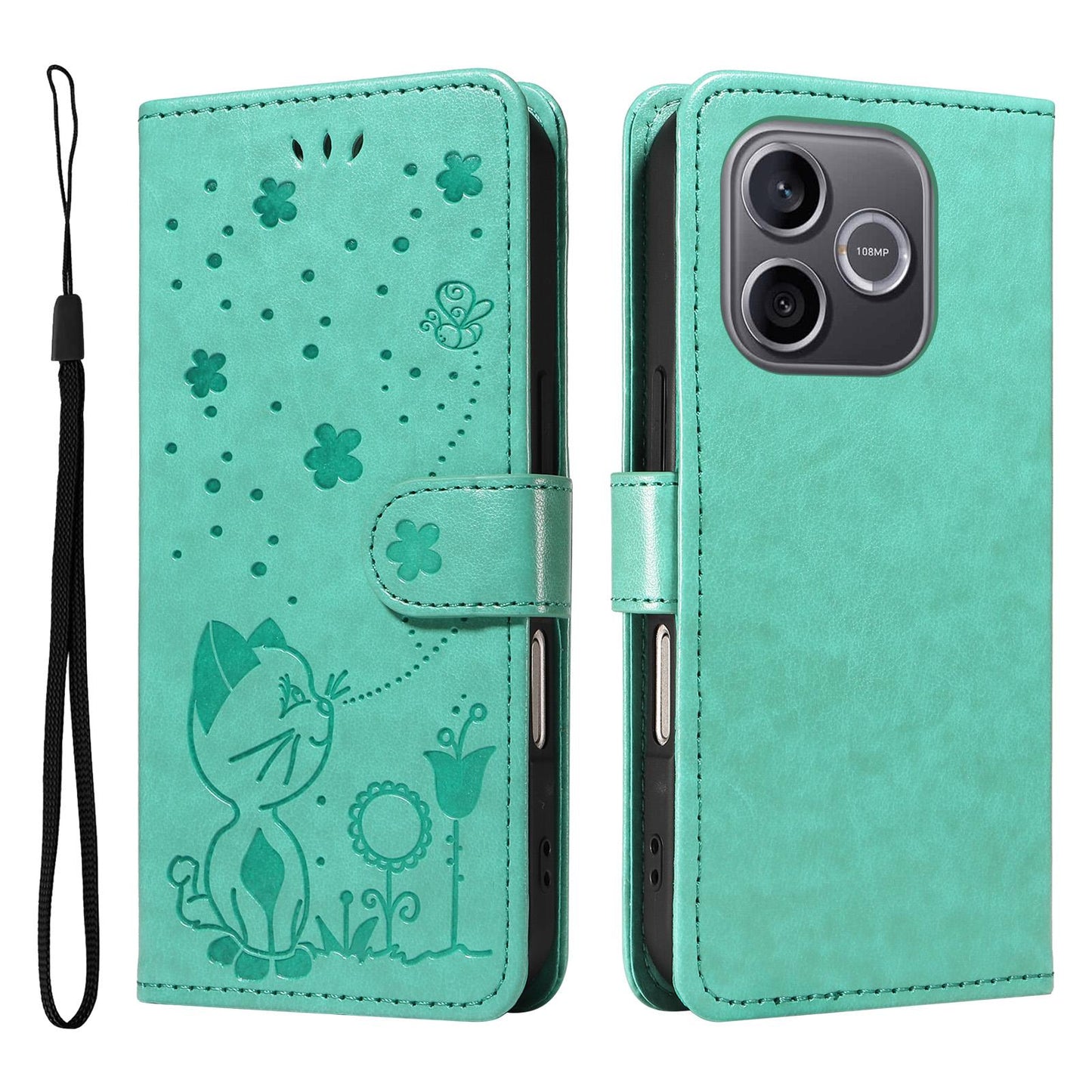 For Honor 600 Lite Cat and Bee Embossed Flip Leather Phone Case Wallet Cover with Card Slots Cash Pocket Magnetic Stand Protective Shockproof TPU PU Leather Case with Wrist Strap