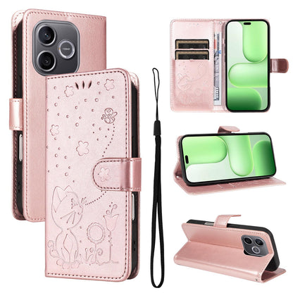 For Honor 600 Lite Cat and Bee Embossed Flip Leather Phone Case Wallet Cover with Card Slots Cash Pocket Magnetic Stand Protective Shockproof TPU PU Leather Case with Wrist Strap