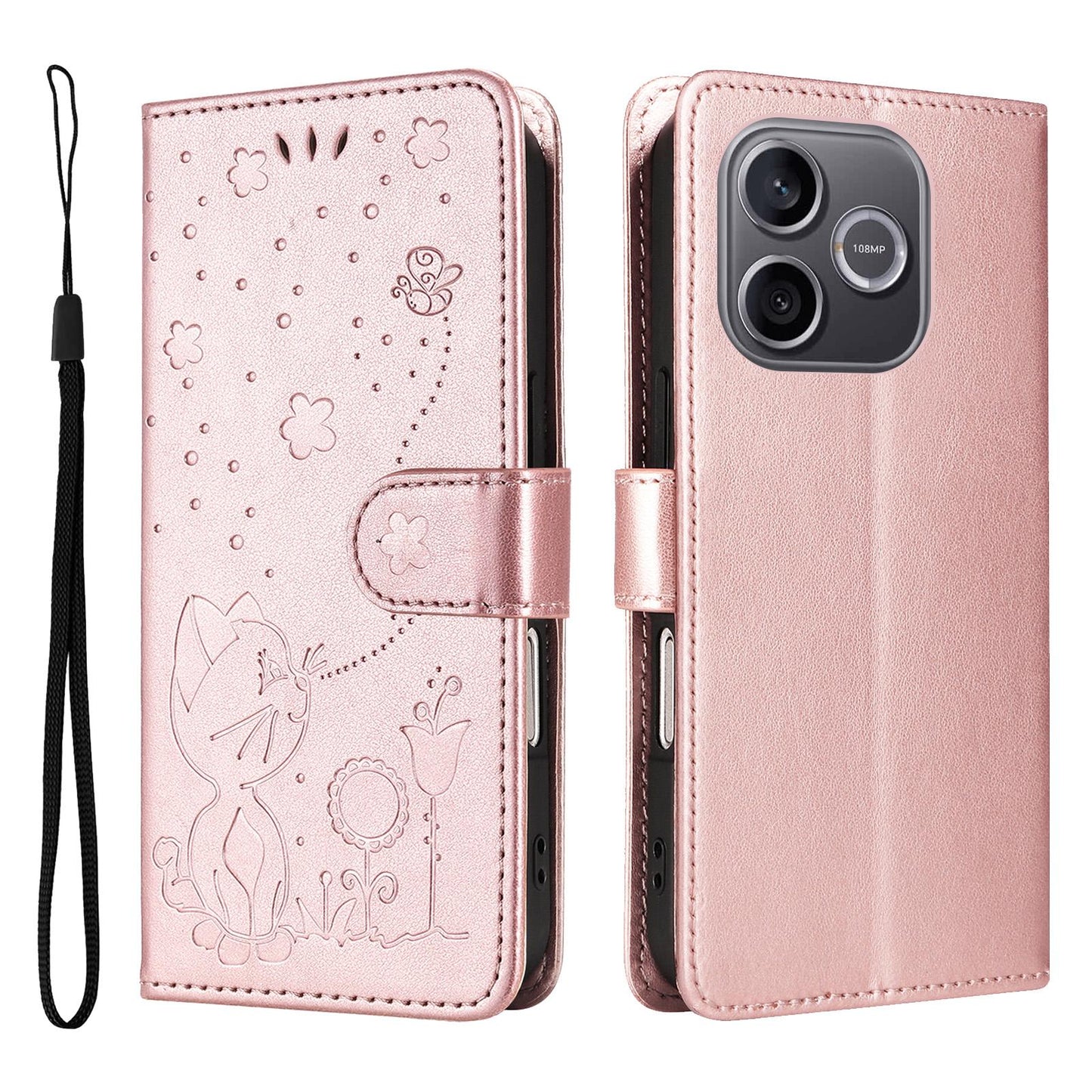 For Honor 600 Lite Cat and Bee Embossed Flip Leather Phone Case Wallet Cover with Card Slots Cash Pocket Magnetic Stand Protective Shockproof TPU PU Leather Case with Wrist Strap