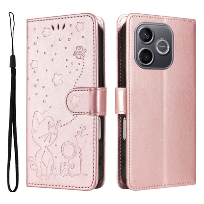 For Honor 600 Lite Cat and Bee Embossed Flip Leather Phone Case Wallet Cover with Card Slots Cash Pocket Magnetic Stand Protective Shockproof TPU PU Leather Case with Wrist Strap