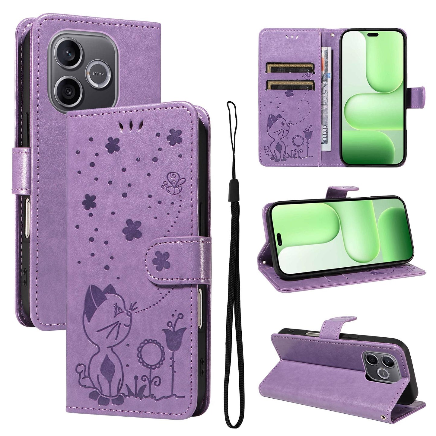 For Honor 600 Lite Cat and Bee Embossed Flip Leather Phone Case Wallet Cover with Card Slots Cash Pocket Magnetic Stand Protective Shockproof TPU PU Leather Case with Wrist Strap