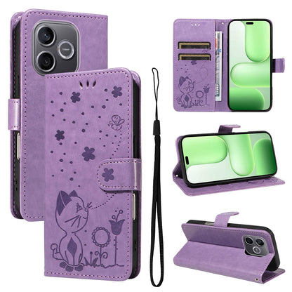 For Honor 600 Lite Cat and Bee Embossed Flip Leather Phone Case Wallet Cover with Card Slots Cash Pocket Magnetic Stand Protective Shockproof TPU PU Leather Case with Wrist Strap