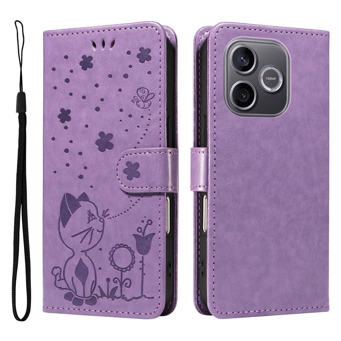 For Honor 600 Lite Cat and Bee Embossed Flip Leather Phone Case Wallet Cover with Card Slots Cash Pocket Magnetic Stand Protective Shockproof TPU PU Leather Case with Wrist Strap