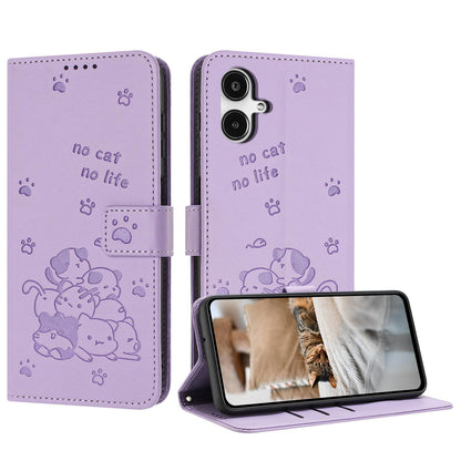 Samsung Galaxy A25 5G Japan Embossed Kitten PU Leather Wallet Case with Card Slots, Cash Pocket, Kickstand Function, Wrist Lanyard Strap, Full Protective TPU Flip Cover