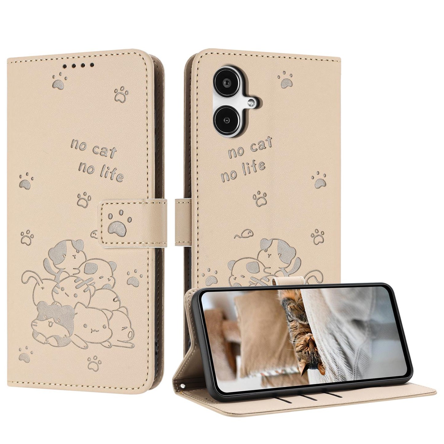 Samsung Galaxy A25 5G Japan Embossed Kitten PU Leather Wallet Case with Card Slots, Cash Pocket, Kickstand Function, Wrist Lanyard Strap, Full Protective TPU Flip Cover