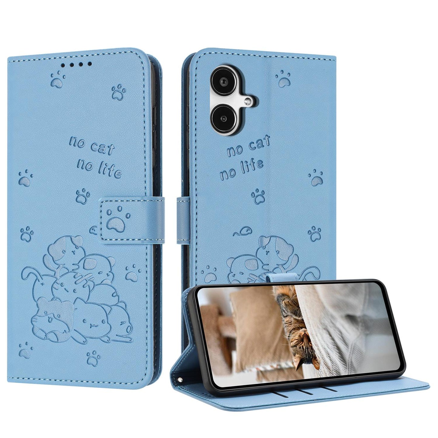 Samsung Galaxy A25 5G Japan Embossed Kitten PU Leather Wallet Case with Card Slots, Cash Pocket, Kickstand Function, Wrist Lanyard Strap, Full Protective TPU Flip Cover
