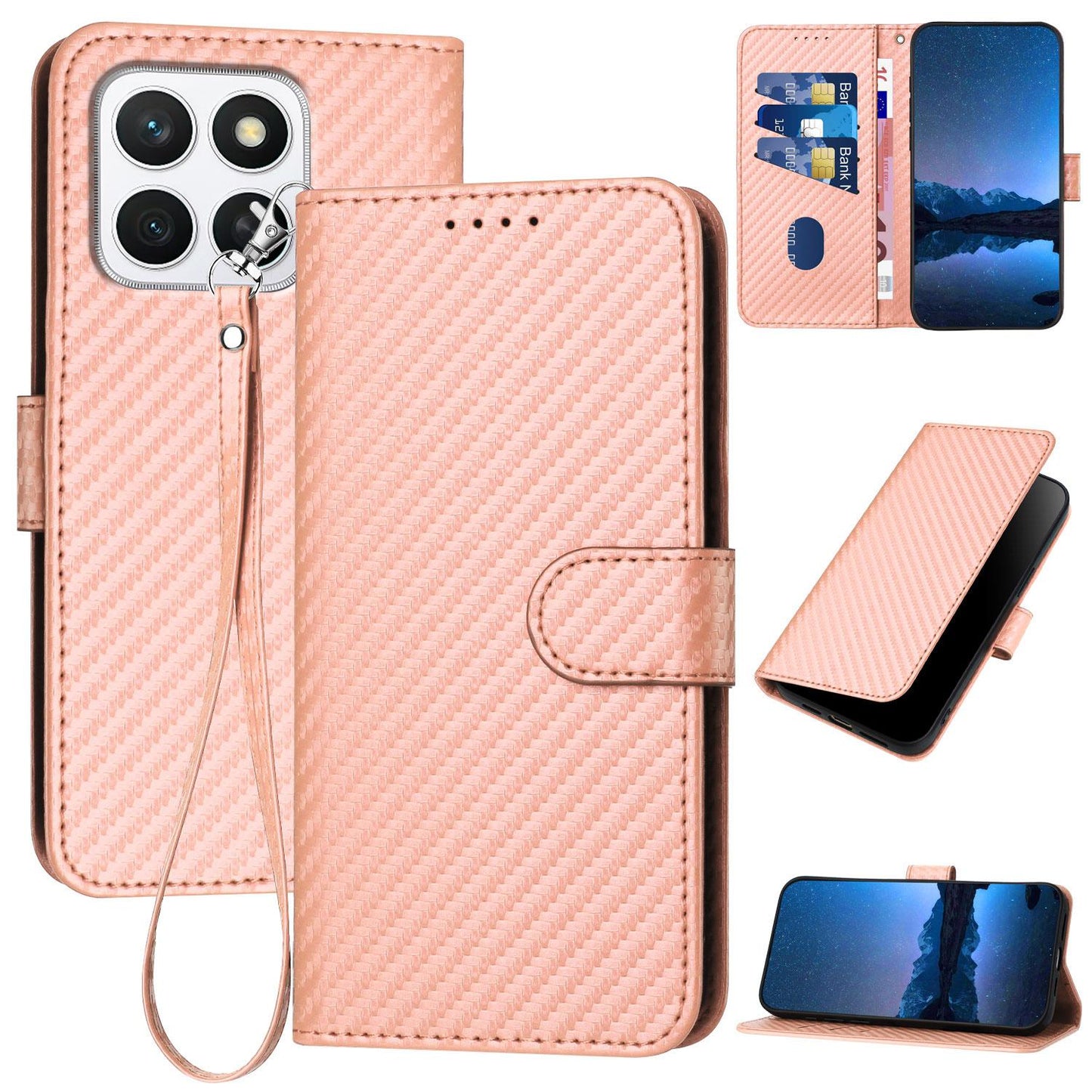 Xiaomi 15 Ultra Carbon Fiber Buckle Leather Phone Case with Lanyard, PU Leather TPU Wallet Cover with Card Slot, Cash Compartment, Stand Function & Scratch Protection