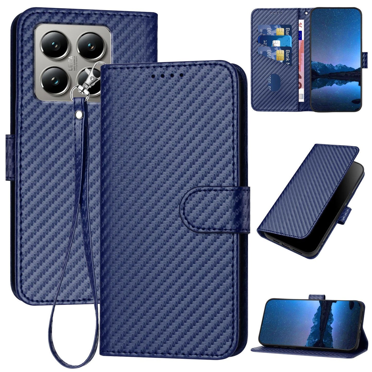 Xiaomi 15T 5G Carbon Fiber Buckle Leather Phone Case with Lanyard, PU Leather TPU Wallet Cover with Card Slot, Cash Compartment, Stand Function & Scratch Protection