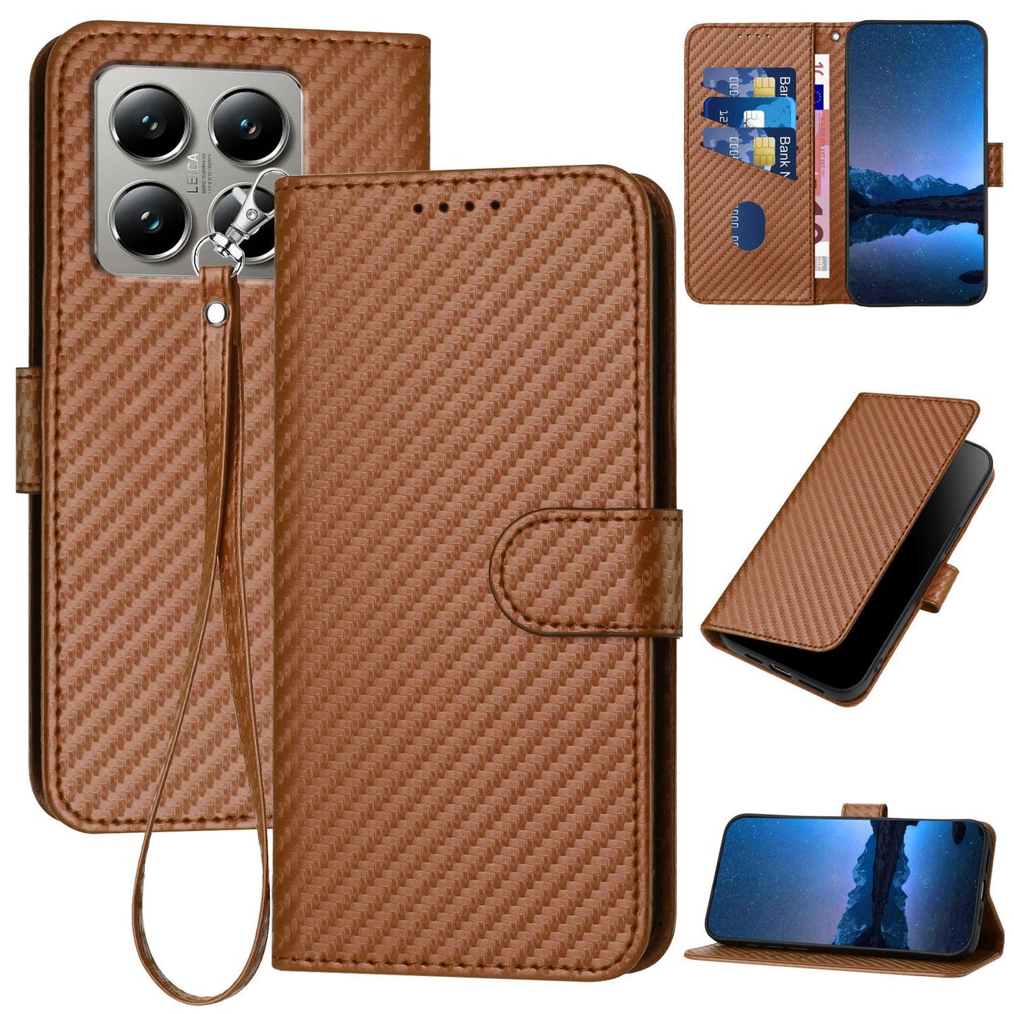 Xiaomi 15T 5G Carbon Fiber Buckle Leather Phone Case with Lanyard, PU Leather TPU Wallet Cover with Card Slot, Cash Compartment, Stand Function & Scratch Protection
