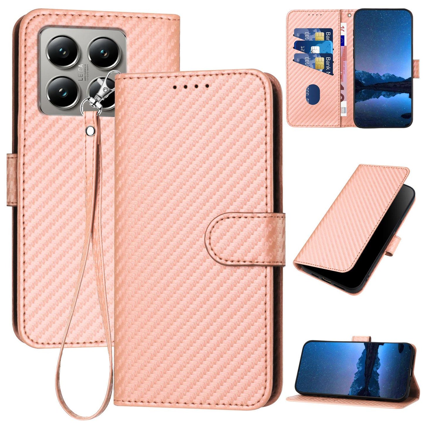 Xiaomi 15T 5G Carbon Fiber Buckle Leather Phone Case with Lanyard, PU Leather TPU Wallet Cover with Card Slot, Cash Compartment, Stand Function & Scratch Protection