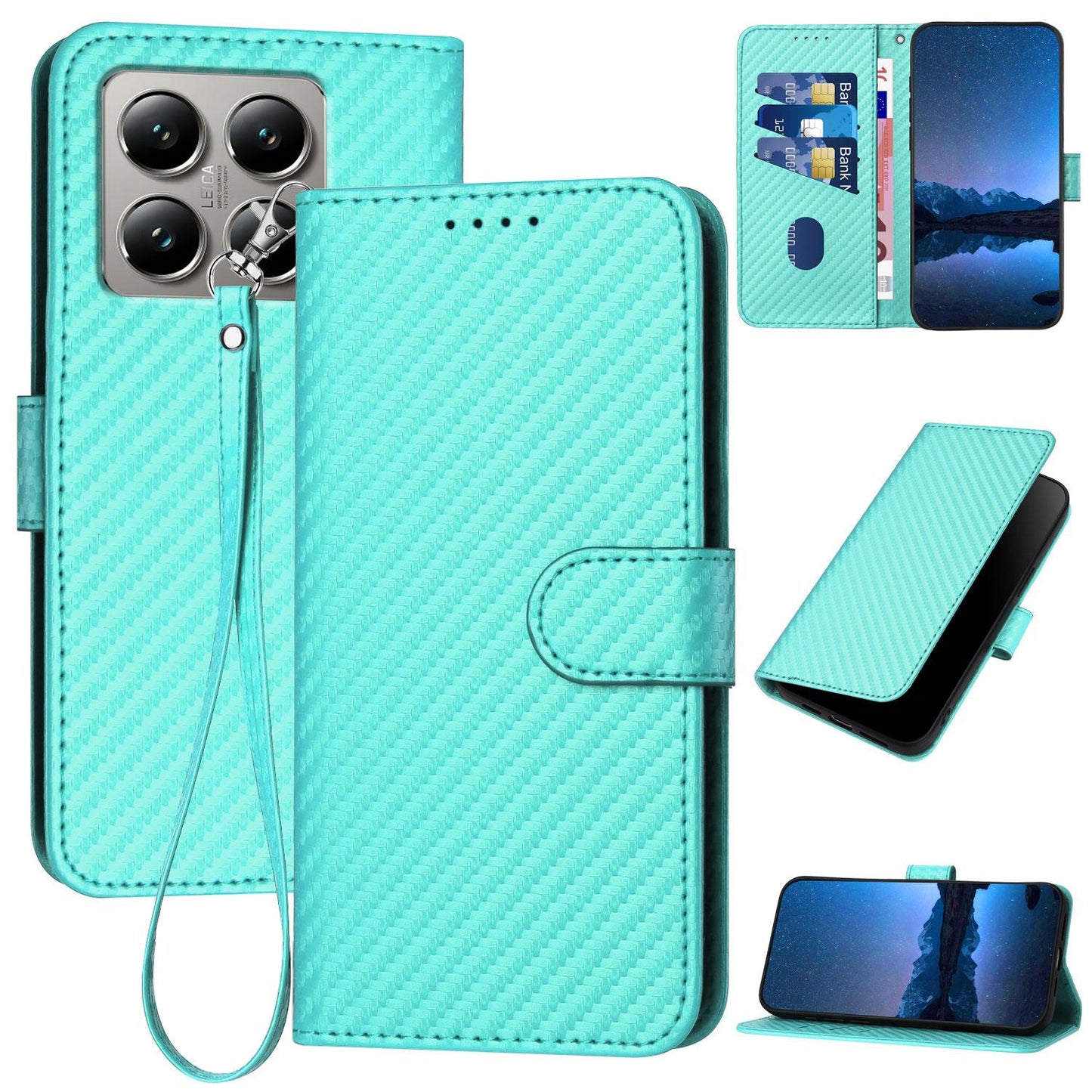 Xiaomi 15T Pro 5G Carbon Fiber Buckle Leather Phone Case with Lanyard, PU Leather TPU Wallet Cover with Card Slot, Cash Compartment, Stand Function & Scratch Protection