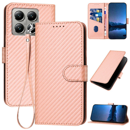 Xiaomi 15T Pro 5G Carbon Fiber Buckle Leather Phone Case with Lanyard, PU Leather TPU Wallet Cover with Card Slot, Cash Compartment, Stand Function & Scratch Protection