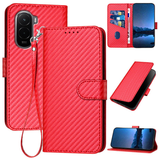 Xiaomi Poco M7 4G 169mm Carbon Fiber Buckle Leather Phone Case with Lanyard, PU Leather TPU Wallet Cover with Card Slot, Cash Compartment, Stand Function & Scratch Protection