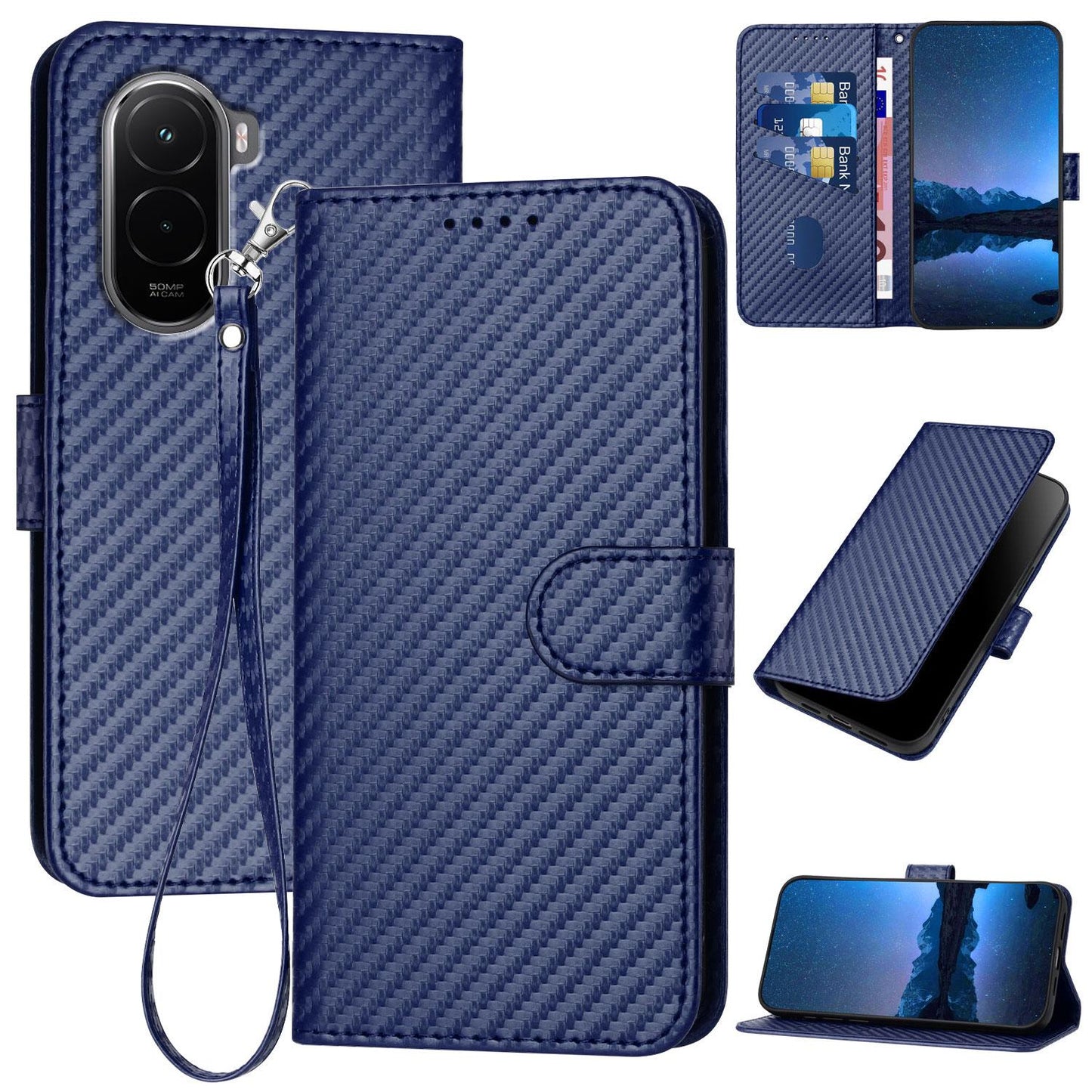 Xiaomi Poco M7 4G 169mm Carbon Fiber Buckle Leather Phone Case with Lanyard, PU Leather TPU Wallet Cover with Card Slot, Cash Compartment, Stand Function & Scratch Protection