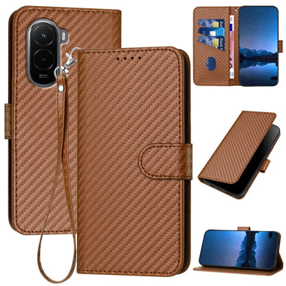 Xiaomi Poco M7 4G 169mm Carbon Fiber Buckle Leather Phone Case with Lanyard, PU Leather TPU Wallet Cover with Card Slot, Cash Compartment, Stand Function & Scratch Protection