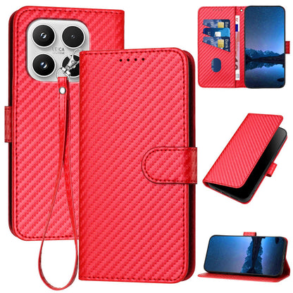 Xiaomi 17 Carbon Fiber Buckle Leather Phone Case with Lanyard, PU Leather TPU Wallet Cover with Card Slot, Cash Compartment, Stand Function & Scratch Protection