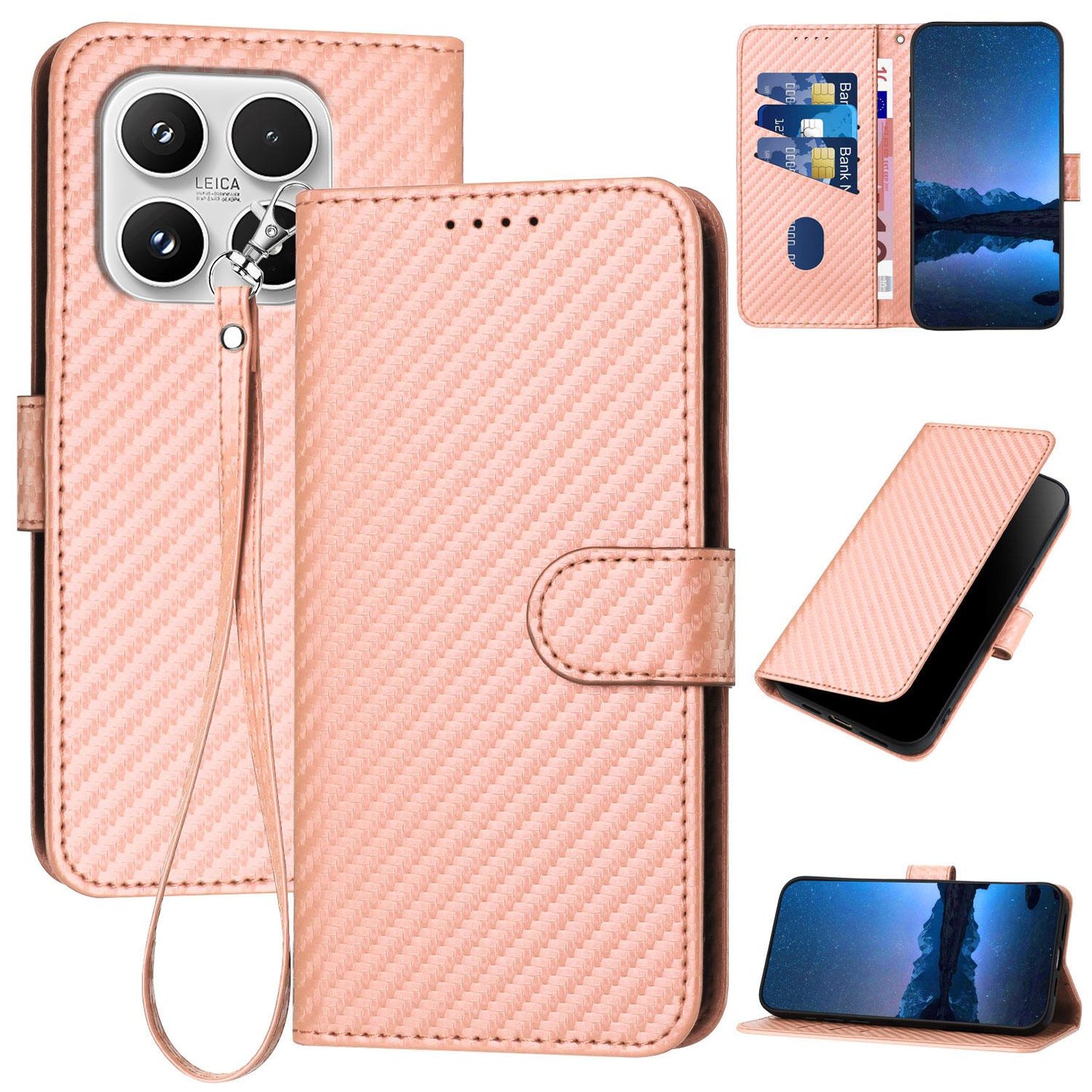 Xiaomi 17 Carbon Fiber Buckle Leather Phone Case with Lanyard, PU Leather TPU Wallet Cover with Card Slot, Cash Compartment, Stand Function & Scratch Protection