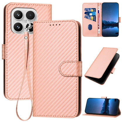 Xiaomi 17 Carbon Fiber Buckle Leather Phone Case with Lanyard, PU Leather TPU Wallet Cover with Card Slot, Cash Compartment, Stand Function & Scratch Protection