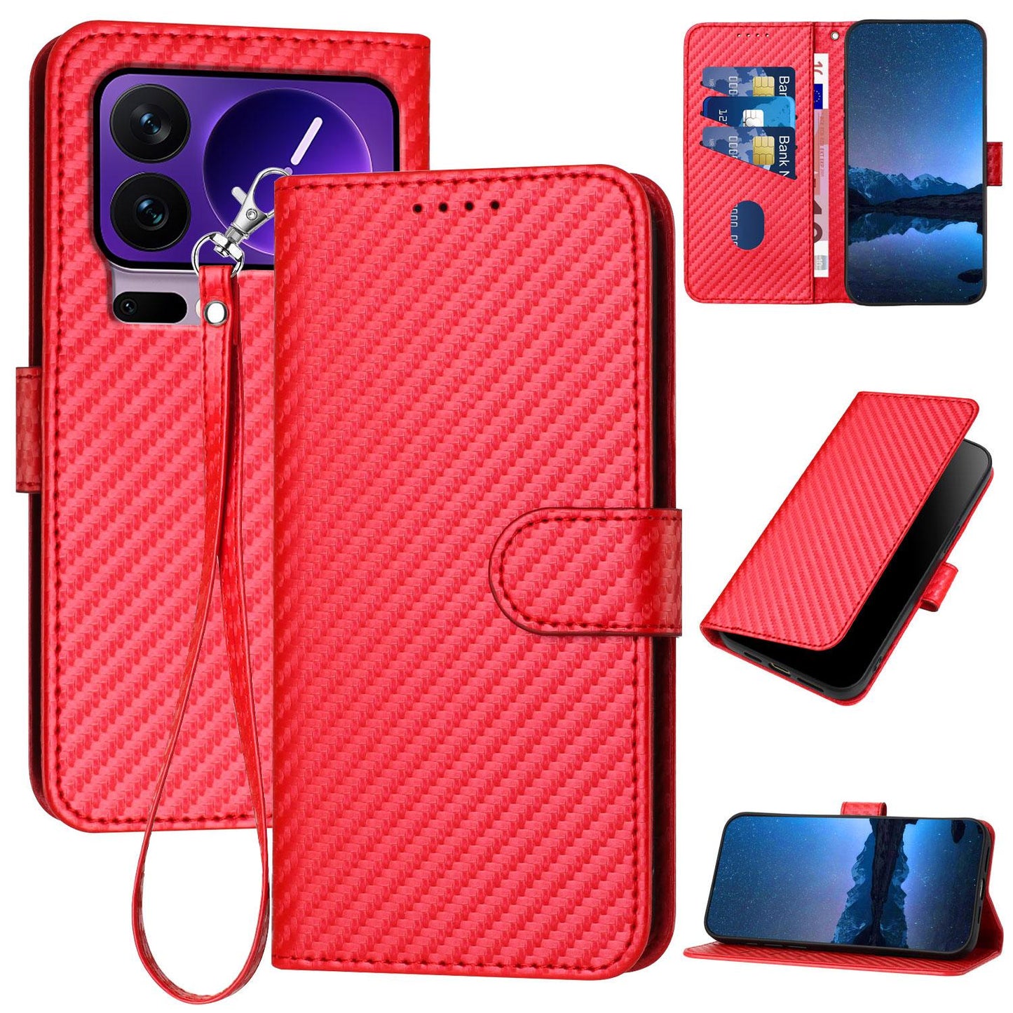 Xiaomi 17 Pro Carbon Fiber Buckle Leather Phone Case with Lanyard, PU Leather TPU Wallet Cover with Card Slot, Cash Compartment, Stand Function & Scratch Protection