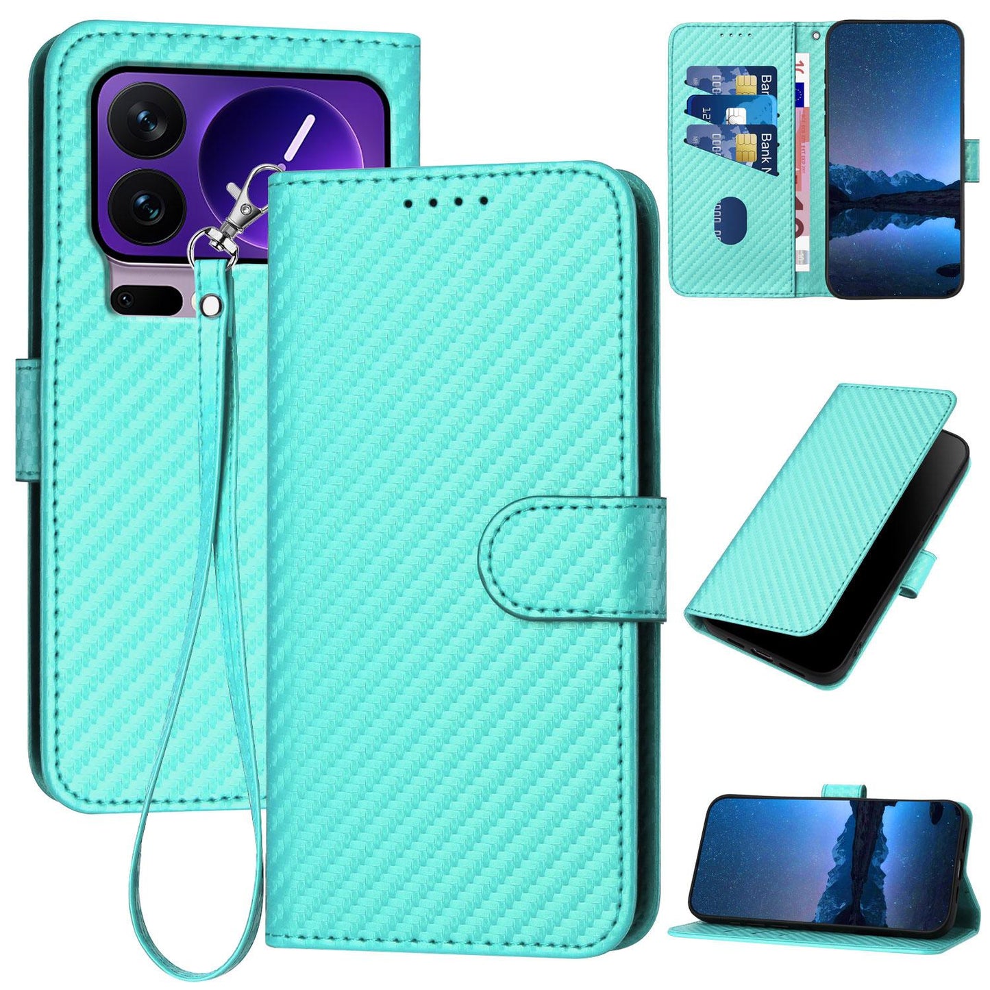 Xiaomi 17 Pro Carbon Fiber Buckle Leather Phone Case with Lanyard, PU Leather TPU Wallet Cover with Card Slot, Cash Compartment, Stand Function & Scratch Protection