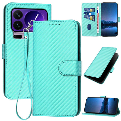 Xiaomi 17 Pro Carbon Fiber Buckle Leather Phone Case with Lanyard, PU Leather TPU Wallet Cover with Card Slot, Cash Compartment, Stand Function & Scratch Protection