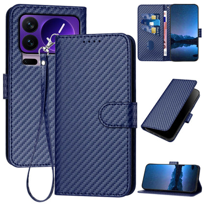 Xiaomi 17 Pro Carbon Fiber Buckle Leather Phone Case with Lanyard, PU Leather TPU Wallet Cover with Card Slot, Cash Compartment, Stand Function & Scratch Protection