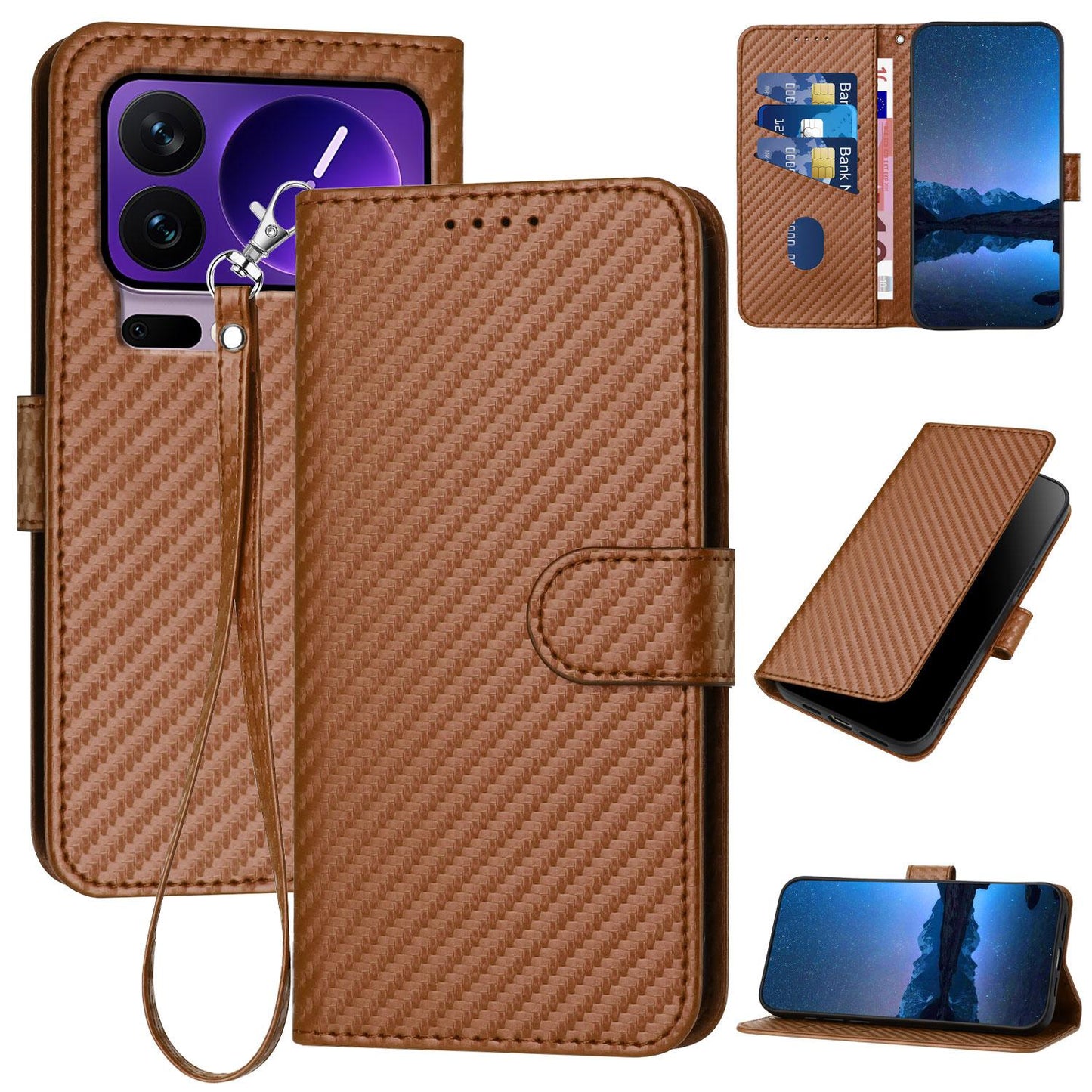 Xiaomi 17 Pro Carbon Fiber Buckle Leather Phone Case with Lanyard, PU Leather TPU Wallet Cover with Card Slot, Cash Compartment, Stand Function & Scratch Protection