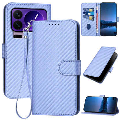 Xiaomi 17 Pro Carbon Fiber Buckle Leather Phone Case with Lanyard, PU Leather TPU Wallet Cover with Card Slot, Cash Compartment, Stand Function & Scratch Protection